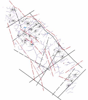 Схема дислокаций спроецированных на современную схему речной сети