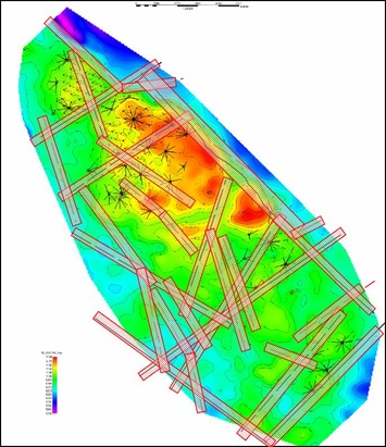 Структурная карта пласта В-2 с вероятными коридорами развития трещиноватости